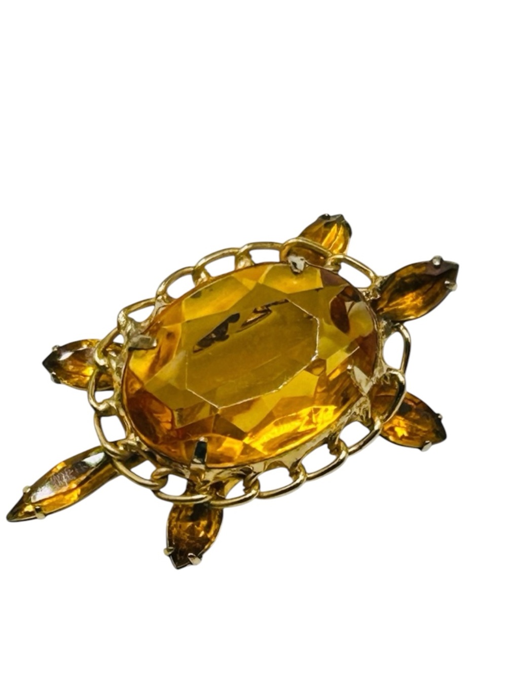 Vintage Golden Topaz Glass Turtle Brooch
